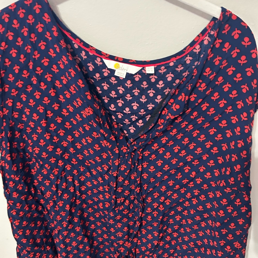 Boden Red and Blue Ruched Tie Front Blouse